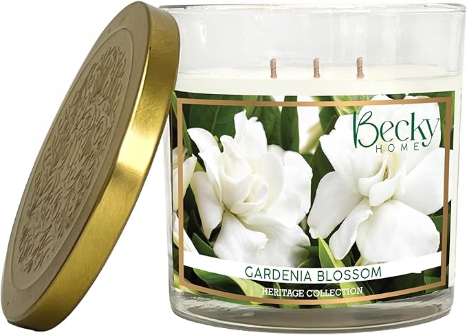 Gardenia Blossom 3 Wick Candle, 14.5oz, Large, Traditional, White, Glass Jar, 4" H x 4" D, 60+ Hour Burn Time, Indoor Use, 1 Count