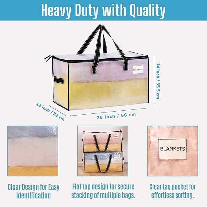 VENO 2 Pack Heavy Duty Moving Bags, Clear Storage Bags for Clothes and Comforters, College Dorm Essentials Packing Supplies, Foldable Boxes Alternative (Clear, 2 Pack)