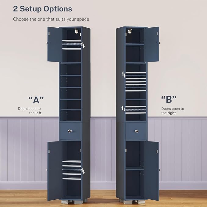 TEENFON Bathroom Cabinet, Narrow Bathroom Storage Cabinet with 5 Adjustable Shelves & Drawer, Freestanding Cupboard for Small Spaces, Blue