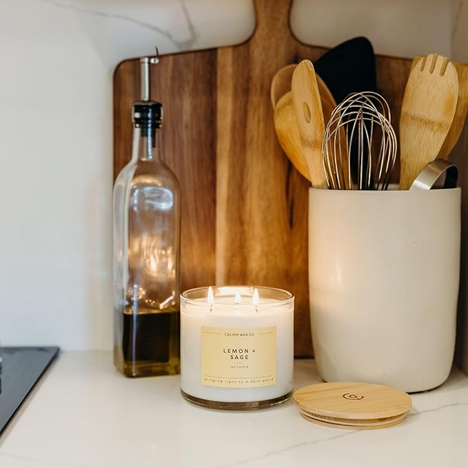 Calyan Wax Co. Lemon & Sage 3 Wick Scented Candle - 43 Hour Burn - Luxury 3 Wick Soy Candles - Non Toxic Soy Wax Candles - Long Lasting Large Glass Jar Candle for Home - 14.9oz
