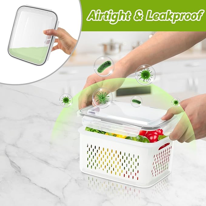 10 Pieces Fruit Storage Container for Fridge, 5 Pack Plastic Fruit Containers for Fridge with Removable Colander, Container for Fruit Berry Salad, BPA Free Kitchen Refrigerator Organizers