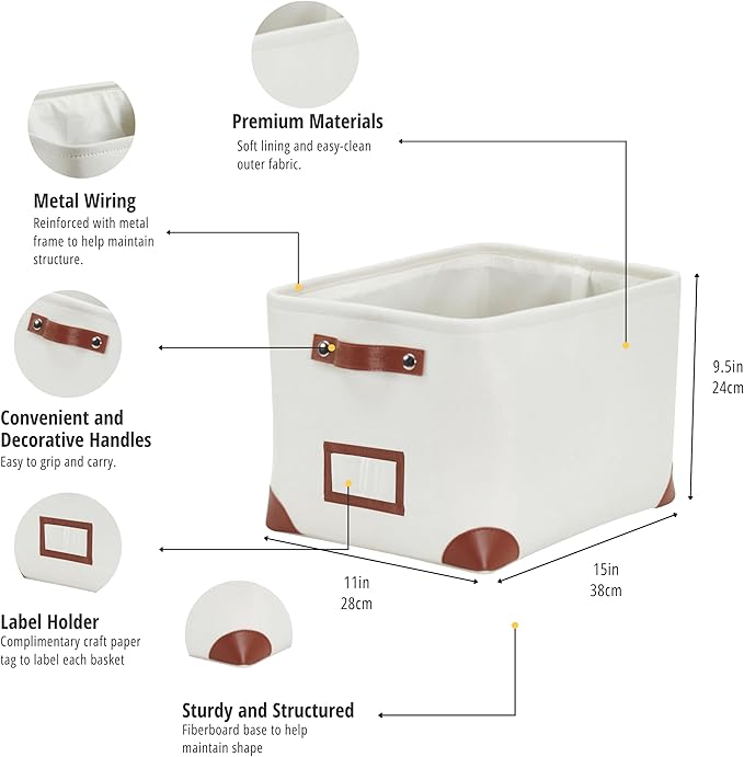 DECOMOMO White Storage Bins Fabric Storage Baskets for Shelves & Linen Closet Organization (Creamy White W/ Label holder, Large - 3 Pack)