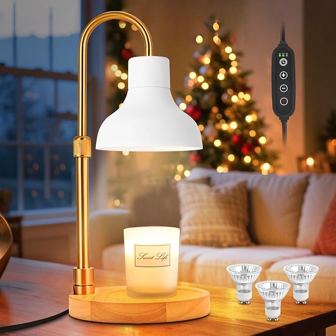 Candle Warmer Lamp with Timer & 3 Bulbs, Dimmable Electric CandleLight Adjustable Height and Brightness Candle Wax Warmer for Jar Candles Bedroom Home Decor House Warming Gift for Women (White)