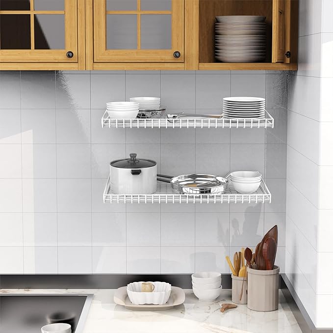 WALMANN Garage Wall Shelf, 4 Mixed-Size Wall-Mounted Storage Shelves for Garage, Closet, Laundry Room, Heavy Duty Wall Shelving, Holds Up to 65 lbs(White, 4 Mixed-Size Shelves)