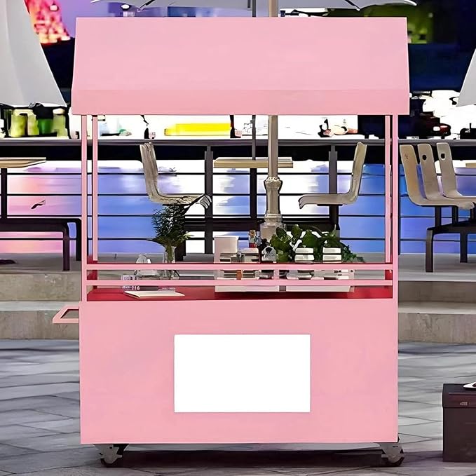 JKGHK Vending Iron Cart with Canopy, 4-Wheel Portable Mobile Dining Market Stall, Outdoor Dining Carts Market Stall, for Street Food, Handicrafts, Snacks(Pink,100cm/39.3in)