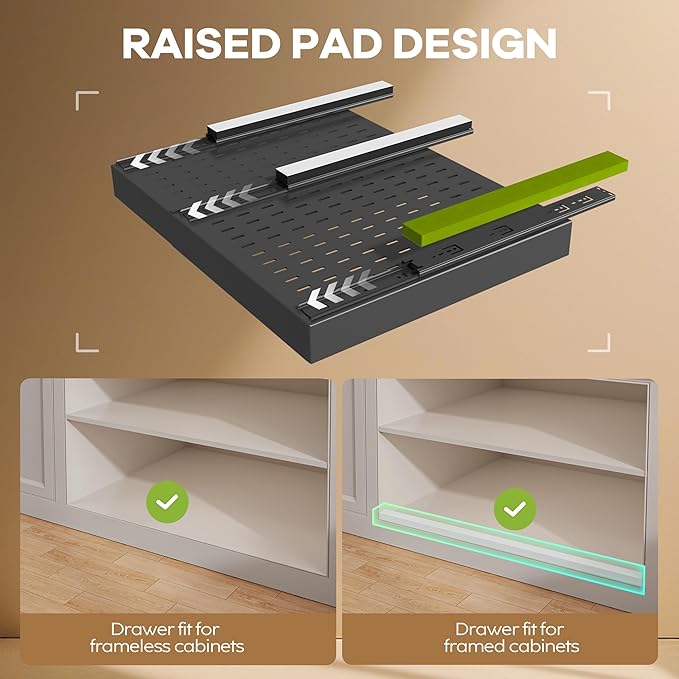 Seinloes 2 Pack Pull out Cabinet Organizer 21" Deep With Raising Pad for Framed Cabinets,Expandable (15.2"-26.3"W) Slide out Drawers for Kitchen Cabinets with 4pcs Divider Racks,Roll out Shelves,Black