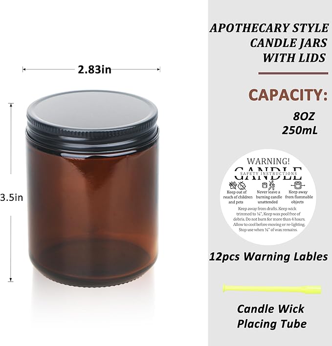 MILIVIXAY 12 Pack 8 OZ Thick Glass Dark Amber Candle Jars with All Black Metal Lids-Bulk Empty Candle Jars for Making Candles-Canning Jar for Spice, Liquid, Sample- Dishwasher Safe.