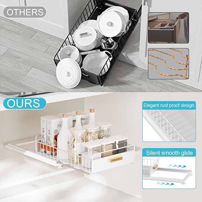 Pull Out Cabinet Organizer,Under Sink Organizer and Storage, Metal Slide Out Drawers for Cabinets, Multi-Purpose Storage Shelf for Kitchen, Cupboard, Bathroom 2 Pack White