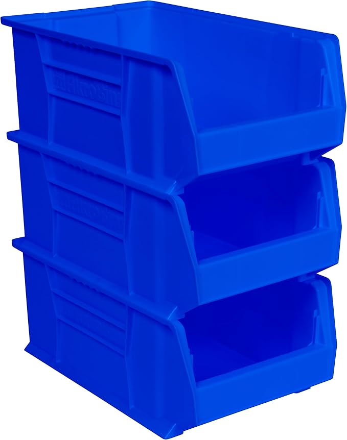 Akro-Mils 30281 Super-Size AkroBins Plastic Storage Bins, Space-Saving Stackable Bins for Garage, Classroom, Warehouse Organization, 20" L x 12" W x 8" H, Blue, 3-Pack