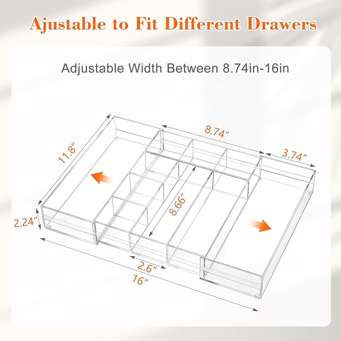 Briwooody 1 Pcs Acrylic Desk Drawer Organizer 9'' up to 16'' x 12'' x 2.2'' Expandable Drawer Organizer Trays with 10 Adjustable Compartments Clear Desk Accessories for Makeup Office Bathroom