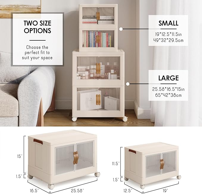STORAGEBUD 3 Tier Plastic Stackable Storage Bins Open Front with Lids & 360° Wheels 35 QT - Collapsible Storage Bins Home Office Closet Storage Organization, Foldable Clothes Storage Cabinet, 8.8 GAL