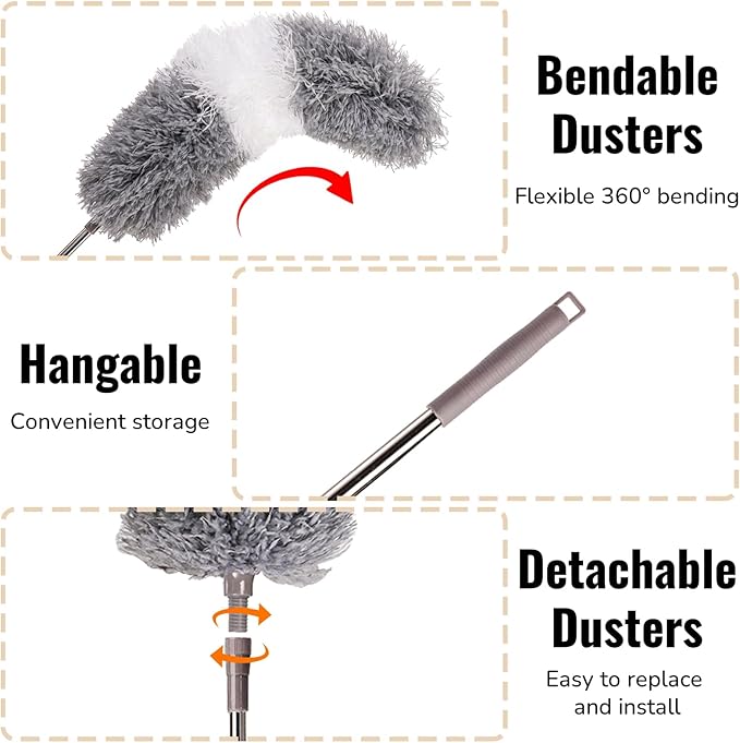 SOUJOY 12 PCS Microfiber Duster Kit with Bendable Heads and Extension Pole Up to 74'', Washable Reusable Feather Dusters for Cleaning High Places, Ceiling Fans, Blinds, Furniture, Cars