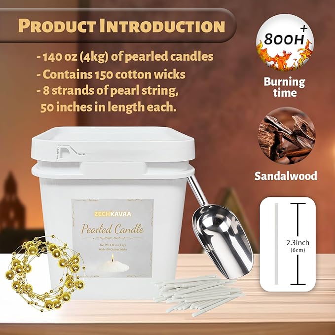 Sandalwood Scented White Pearled Candle 141oz Luxury Sand Candle Granulated Wax - 150 Cotton Wicks – Wax for Candle Making Decorative Candles Smooth and Clean Burning Lasts up to 800 Hours