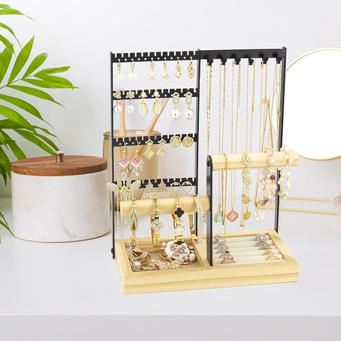 Jewelry Holder Organizer Jewelry Stand, 4-Tier Necklace Stand Earring Holder with Wooden Tray, Jewelry Rack for Bracelets Watches and Rings Display Stand, Gifts for Women & Girls-Black