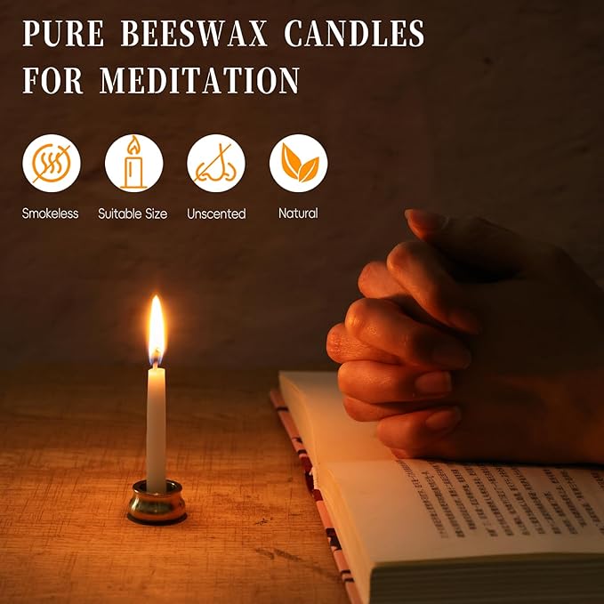 70Pcs Meditation Candles 30 Minute Beeswax Candles, Mini White Beeswax Taper Candles with Brass Candle Holders, Prayer Candle for Yoga Bible Mindfulness Relaxation Spa