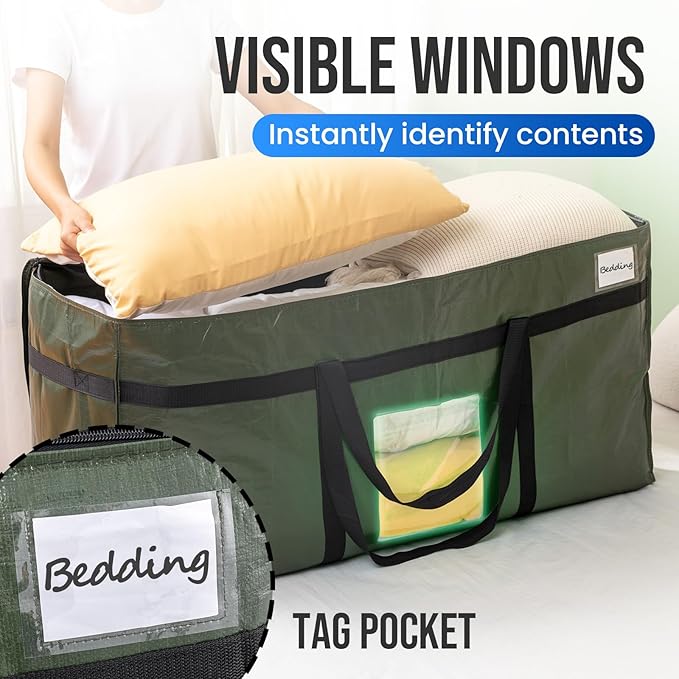 TAILI 69 Gallon Extra Large Storage Bags, XXL Green Heavy Duty Moving Bags For Storage with Visible Window, Wrap Around Handles, Totes for Space Saving, Alternative to Moving Boxes (2 Pack)