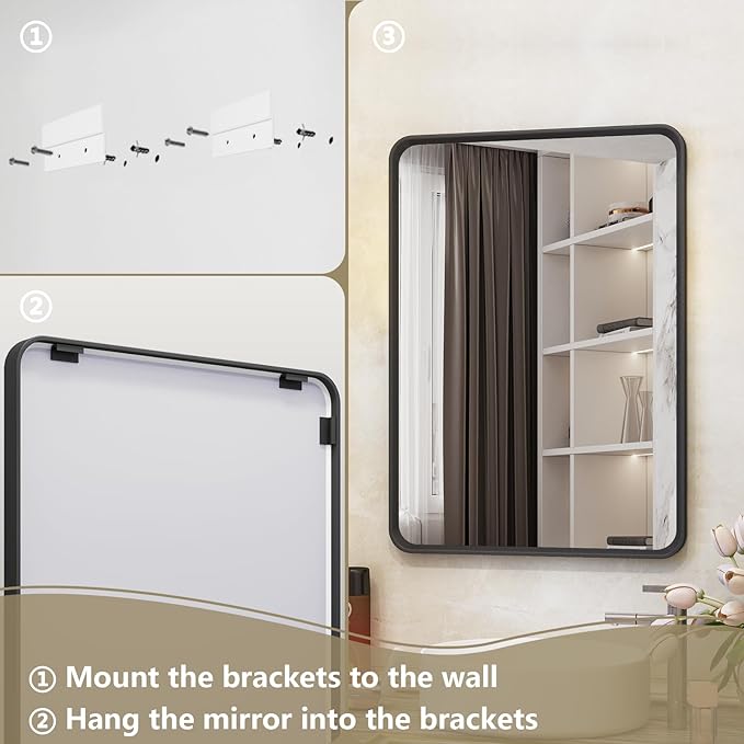 OKPAL 30X36 Inch Matte Black Metal Frame Bathroom Mirror for Wall, Black Bathroom Vanity Mirror Farmhouse, Black Rounded Rectangle Mirror, Anti-Rust, Tempered Glass (Horizontal/Vertical)