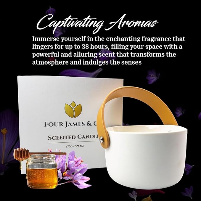 FOUR JAMES & CO Luxury Highly Scented Premium Eco-Friendly Soy Wax 6oz Candles in Modern Giftable Box (Honey & Crocus)