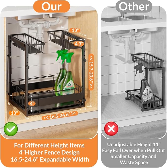 Expandable Under Sink Organizer with 5-Level Height Adjustment,2 Tier Under Sink Organizer Pull-Out Under Sink Drawers Cabinet Organizer for Kitchen & Bathroom Storage,Black,Large