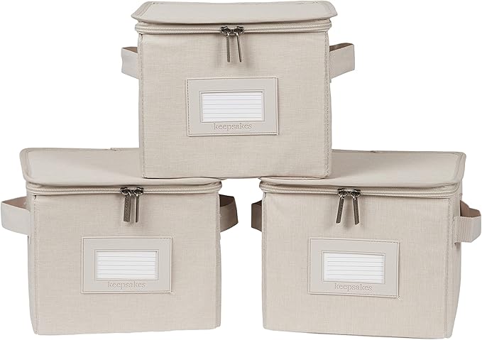 Covermates Keepsakes Zip-Top Storage Box Set, 3 Pack Heavy Duty Polyester Organizer Bins, Stackable Design, ID Window, Reinforced Handles, Closet Home Storage, Beige Heather