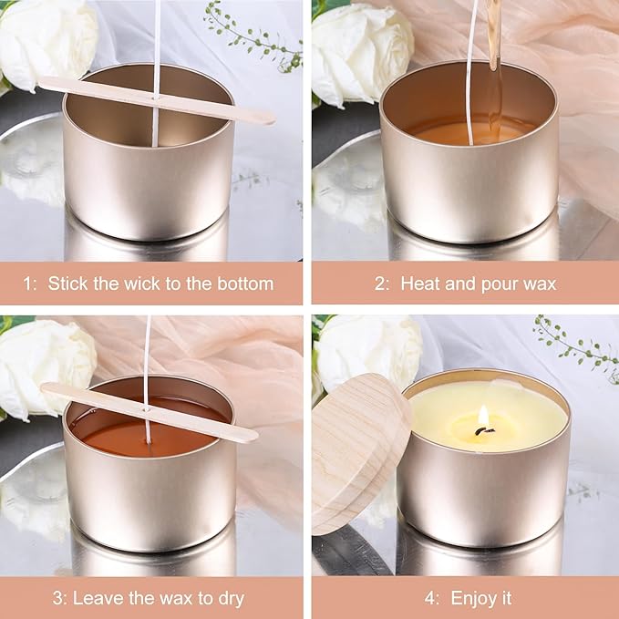 CONNOO 24 Pack Candle Tins, 12pcs 8 OZ & 12pcs 4 OZ Champagne Gold Jars with Metal Wood-Grain Lids for Making Candles, Bulk Empty Containers for Candle Making, Wick Kit Included