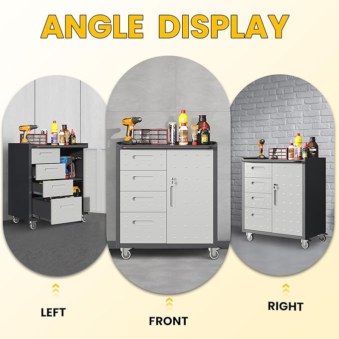 Garage Storage Cabinets with Wheels, Locking Metal Storage Cabinets with 4 Drawers and 1 Doors, Easy Assembly Rolling Tool Cabinet for Garage, Basement,Warehouse