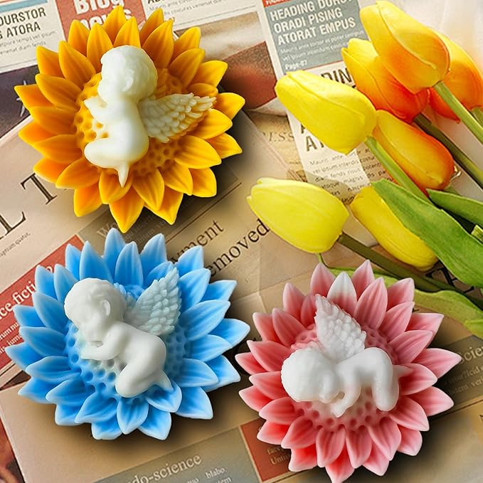 Flower Candle Molds for Candle Making, 3D Angel Baby in Sunflower Silicone Molds for Soap Making, Resin Casting, Aroma Candle, Wax, Plaster Polymer Clay Home Decor DIY Mother's Gift Baby Shower