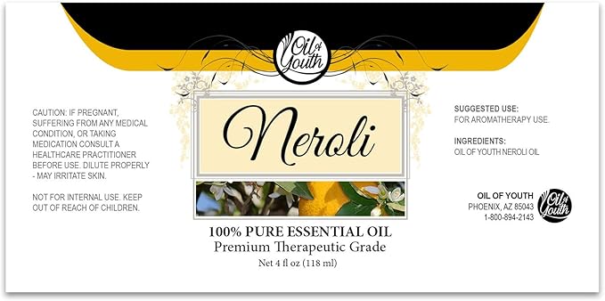 Oil of Youth Neroli Essential Oil Therapeutic Grade 4 fl oz with Dropper for Aromatherapy, Diffuser, Massage, Perfume, and Relaxation