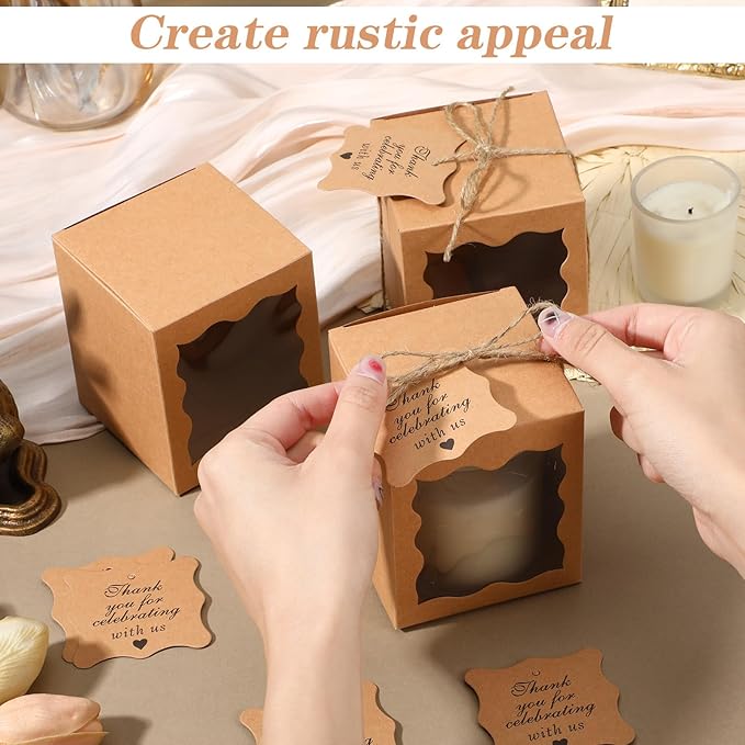 Lemecima 50 Set Candle Gift Box Transparent Gift Packaging Box for 4-10 oz Candles 50 Paper Thank You Tag with Ropes for Wedding Birthday Baby Shower Party Favor, 3.35 x 3.35 x 3.94 in (Brown)
