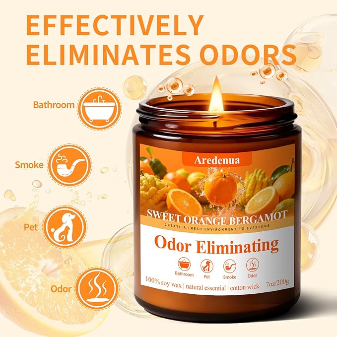 Sweet Orange Bergamot Odor Eliminating Candles | Eliminates 95% of Pet, Smoke & Bathroom Odors – 7oz Hand Poured Non-Toxic Soy Candle - Air Freshing Scented Candle Gifts for Positive & Relaxation