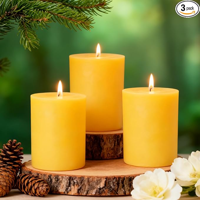3 inch Wide Natural Yellow Beeswax Pillar Candles - 3 Pack - 100% Pure Beeswax Candles 4 inch in Height, Long Burning, Unscented Smokeless & Dripless, for Emergency, Prayer, Home Decor, Relaxation