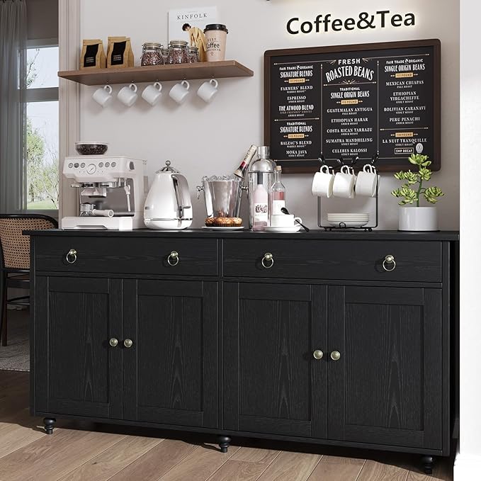 4 EVER WINNER Buffet Cabinet with Storage, 55" Black Sideboard Buffet Cabinet with Drawers and Doors, Coffee Bar for Dining Room