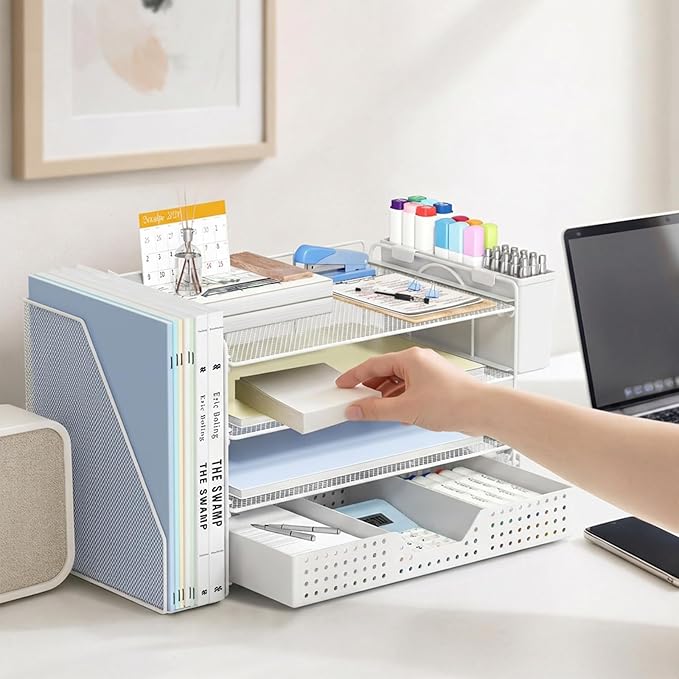 ECOLOVI Desk Organizer, 4-Tier Paper Organizer Letter Tray with File Holder, Drawer and 2 Pen Holders, Desktop File Organizer for Office Supplies, Workspace Storage, White