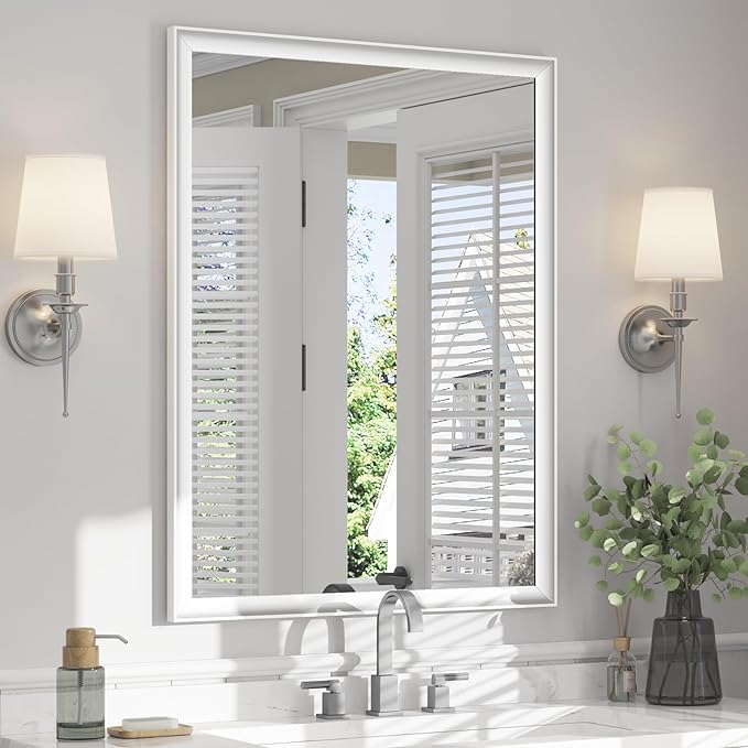 USHOWER White Bathroom Mirrors for Over Sink 30x40 Inch, Metal Framed Rectangle Vanity Mirror for Wall, Bedroom, Living Room, Entryway, Farmhouse, Anti-Rust, HD Tempered Glass, Horizontal/Vertical