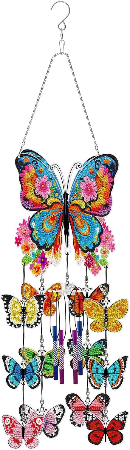 Butterfly Diamond Dots Wind Chimes DIY Kits 5D Diamond Art Painting Wind Chime Butterfly Hanging Ornaments Double Sided Special Shaped Gem by Number Stitch Wind Chime Pendant for Yard Tree Home Decor