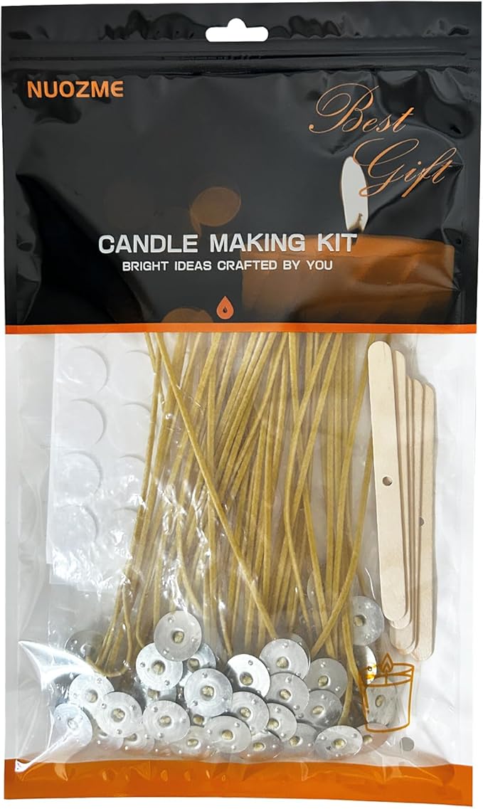 50 Pcs 8" Natural Candle Wicks,Pre-Waxed by Natural Beeswax & Tabbed with 60Pcs Candle Wick Stickers and 5 Pcs Wooden Candle Wick Centering Device, for Candle Making，Candle DIY