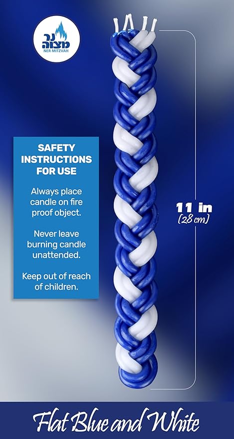Ner Mitzvah Braided Havdalah Candle - 12-Pack Flat Blue and White Paraffin Wax - Handcrafted Havdallah Candle - Shabbat Judaica Gift
