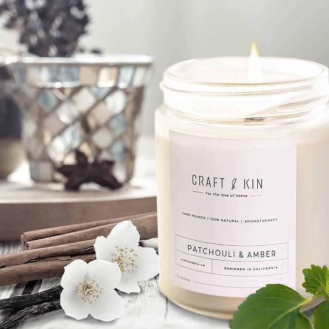 Craft & Kin Patchouli & Amber Scented Candle | 8 Oz, 45-Hour Long Lasting | Classic Soy with Woodwick Winter Candles | Made with Natural Soy | Holiday Candles Gifts for Men and Women