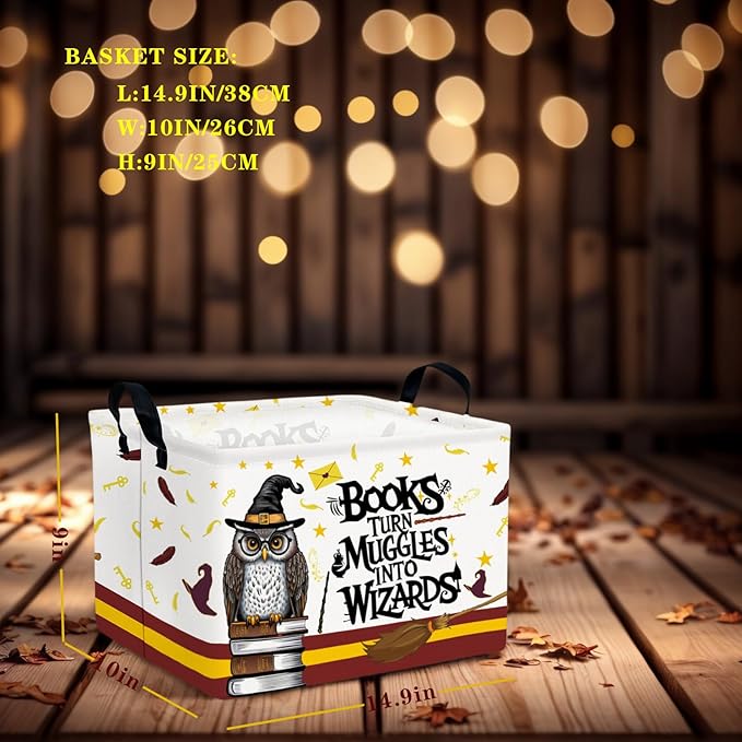 Kid Rectangle Magic Decor Basket Nursery Baby Gift Basket Feather Hat Book Broomstick Toy Storage Bin (Wand Owl)