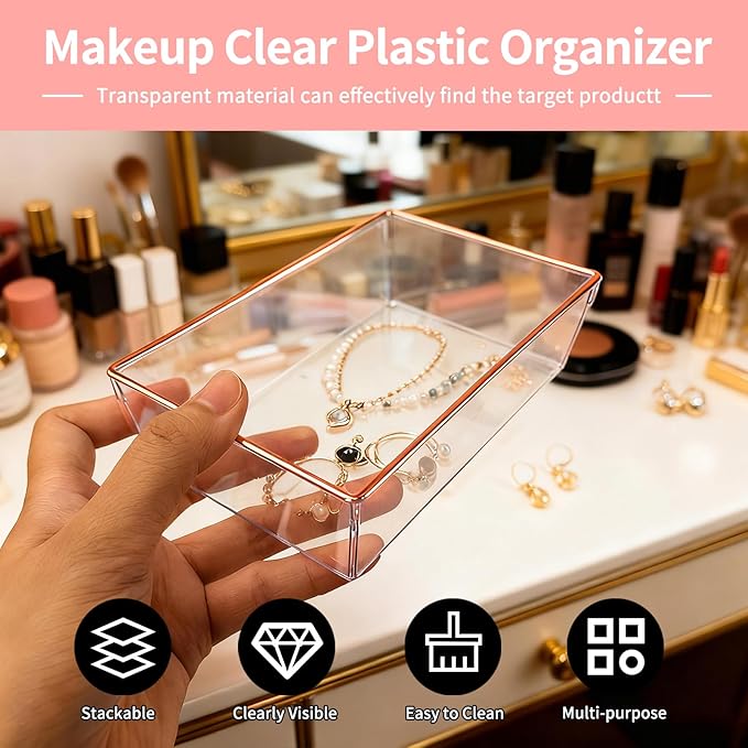 4 Pack Large Size Clear Stackable Drawer Organizer Trays, Rose Gold Rim Makeup Drawer Storage Tray Divider, Desk Storage for Makeup, Jewelry, Bathroom, Stationary, Kitchen Utensils and Office Desk
