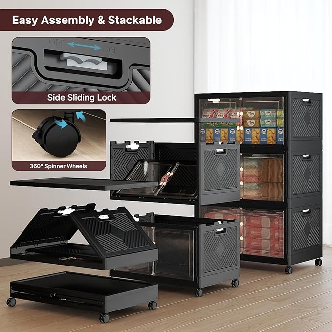 Stackable Storage Bins with Lids, 672QT Closet Organizers and Storage with Doors and Wheels, Extra Large Storage Cabinet, Collapsible Plastic Drawers for Bedroom Kitchen Office Garage
