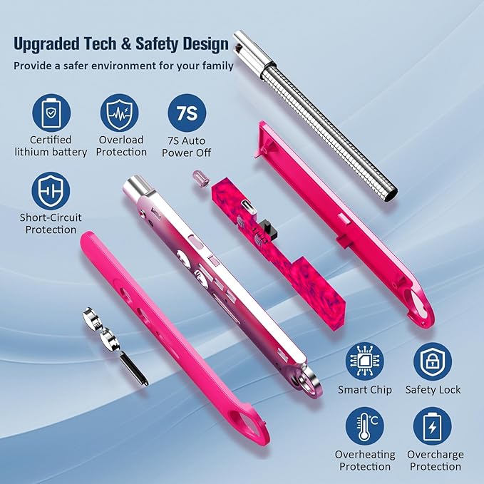 Lighters for Candle,Flameless Plasma Arc Electric Lighter USB C Rechargeable, Long Flexible Neck with Safety Switch for Birthday, Fireplace, Stocking Stuffers Gifts(Pink)