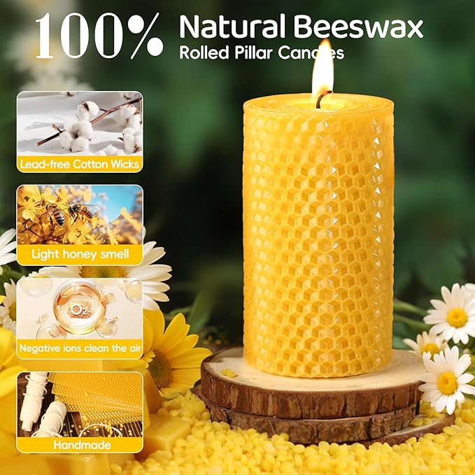 6 Pack Natural Beeswax Pillar Candles,Handmade Pure Beeswax Rolled Candles-120 Hours Long Burning,Honeycomb Bees Wax Candle for Home, Prayer,Dripless Smokeless Unscented Pillar Candle 2x4in