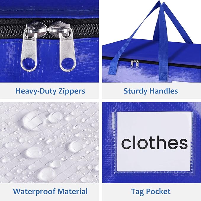 Moving Bags, Storage Bags with Sturdy Handles and Heavy Duty Zippers, Storage Totes for Space Saving, Moving & Storage, Collapsible Moving Supplies(100L, 8-Pack, Blue)