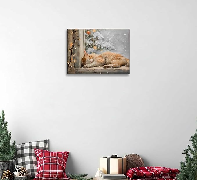 Paint by Number Kit for Adults & Kids, Christmas Sleeping Cat by Window 16x20 Inch, DIY Acrylic Painting Kit with Brushes & Paints, Holiday Art Decor for Home Framed