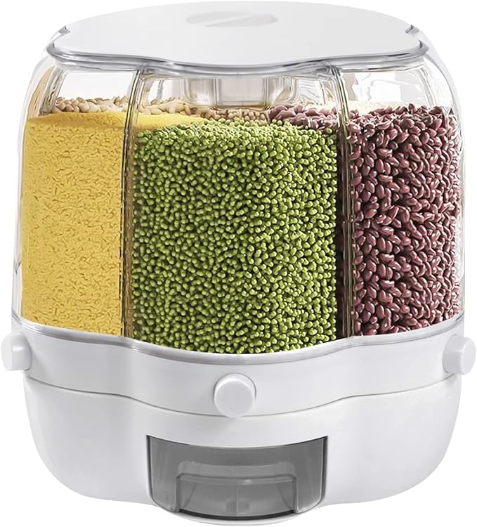 Rotating Grain Dispenser, Round Multigrain Tank Cup 6-Compartment Rice and Bean Dispenser, 17.64lb Cereal Grain Dispenser for Store Rice, Red Beans, Yellow Beans, Black Beans