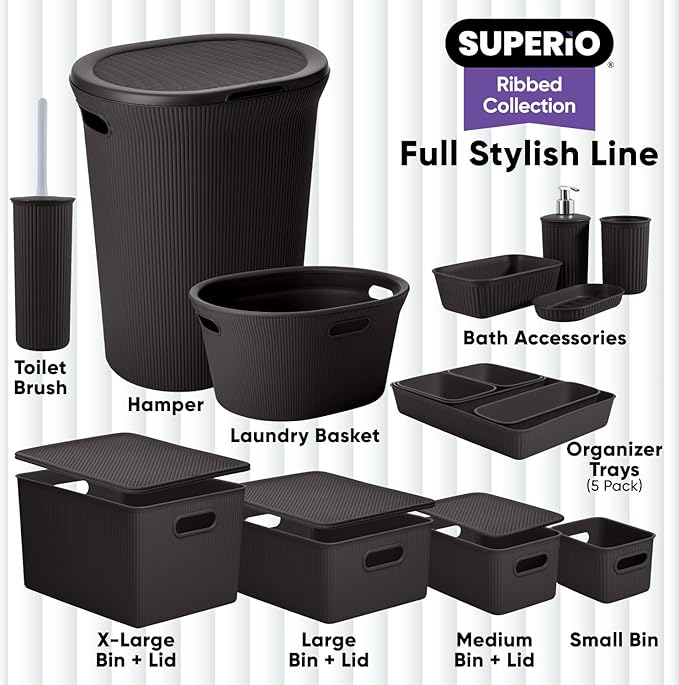 Superio Ribbed Collection - Decorative Plastic Basket Open Home Storage Bins Organizer, Medium Brown (4 Pack) Container Boxes for Organizing Closet Storage Bins for Shelves Drawer Shelf 5 Liter