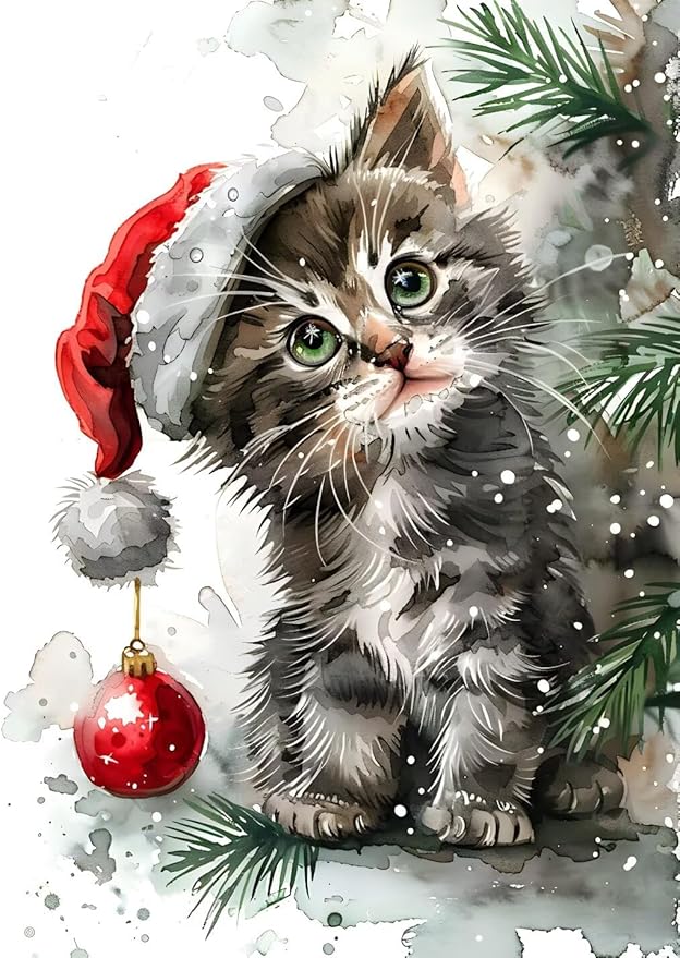 QZOTRXI Winter Diamond Art Kits for Adults,Christmas Cat Diamond Painting Kits for Beginners, DIY Round 5D Gem Art Kits and Art Crafts for Home Decor 12x16 Inch