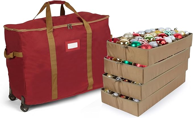Covermates Keepsakes Rolling Adjustable Ornament Storage Bag – Heavy-Duty Polyester, FlexGrid Trays & Padded Dividers – Protective Holiday Organizer with Wheels, Handles & ID Window, Red