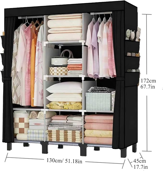 Portable Wardrobe, Clothes Organizer, Easy Hanger Wardrobe, Multiple Dividers and 3 Drawers, 6 Side Pockets Large Capacity (Black)